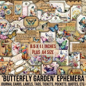 Jardin De Papillons, Éphémères, Papillons, Fleurs, Citations, Minable, Étiquettes, Balises, Enveloppes, Journal, Scrapbooking, Découpage, Cartes