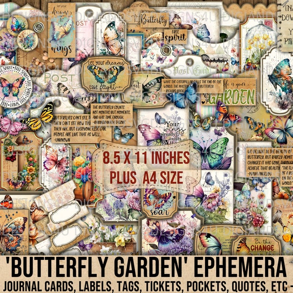 Butterfly Garden, Ephemera, Butterflies, Flowers, Quotes, Shabby, Labels, Tags, Envelopes, Journal, Scrapbooking, Decoupage, Cards