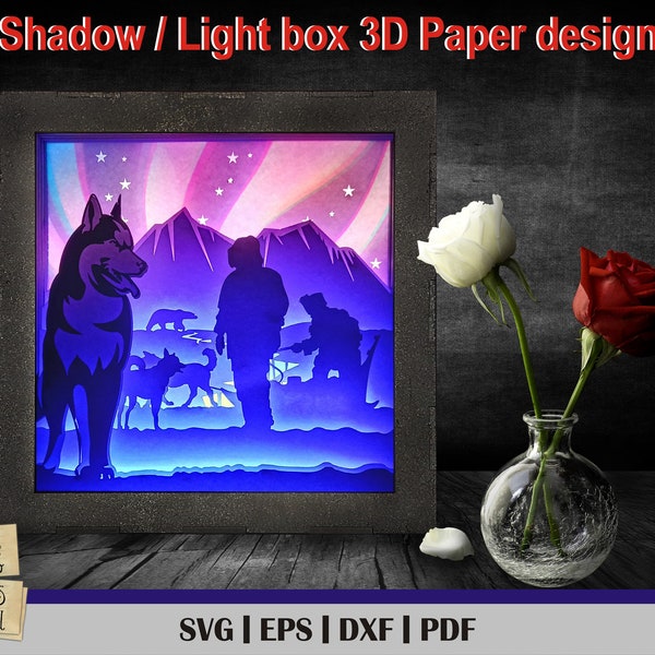 Husky 3D Paper Cut Template, Light Box SVG, 3D Shadow Box SVG, 3D Light box template, Igloo svg, North Pole svg, Snow 3d, Eskimo svg