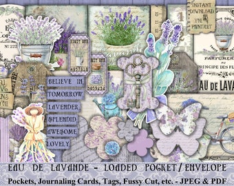 Loaded, Pocket, Envelope, Lavender, Shabby, Vintage, Embellishment, Junk Journal, Paper, Tags, Scrap Pack, Sewing, Ephemera, Gift, Printable