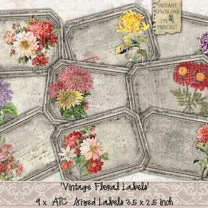 Vintage, Labels, Floral, ATC, Grunge, Printable, Junk Journal, Embellishment, Dennison Labels, Journal Card, Ephemera, Tag, Cards, Scrapbook