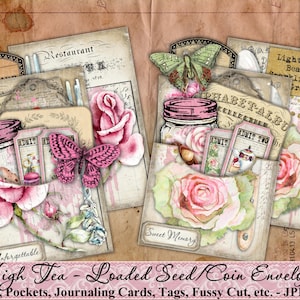 Seed Umschläge, Tasche, High Tea, Rosen, Shabby, Vintage, Verschönerung, Junk Journal, Papier, Tags, Schmetterlinge, Ephemera, printable Bild 3
