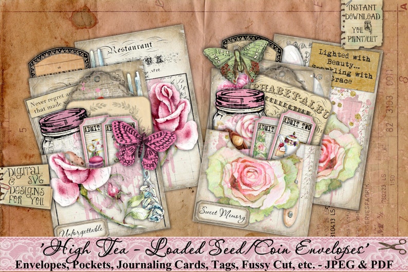 Seed Umschläge, Tasche, High Tea, Rosen, Shabby, Vintage, Verschönerung, Junk Journal, Papier, Tags, Schmetterlinge, Ephemera, printable Bild 3