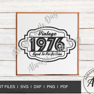 May include: Black and white graphic design of a vintage 1976 logo with the text "Aged to Perfection". The logo is in a square frame with rounded corners. The logo is surrounded by the text "Always Earth Day".