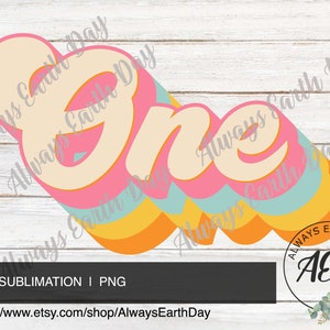 May include: A colorful graphic design of the word "one" in a retro style with a rainbow color scheme. The design is perfect for a first birthday party or other celebration.