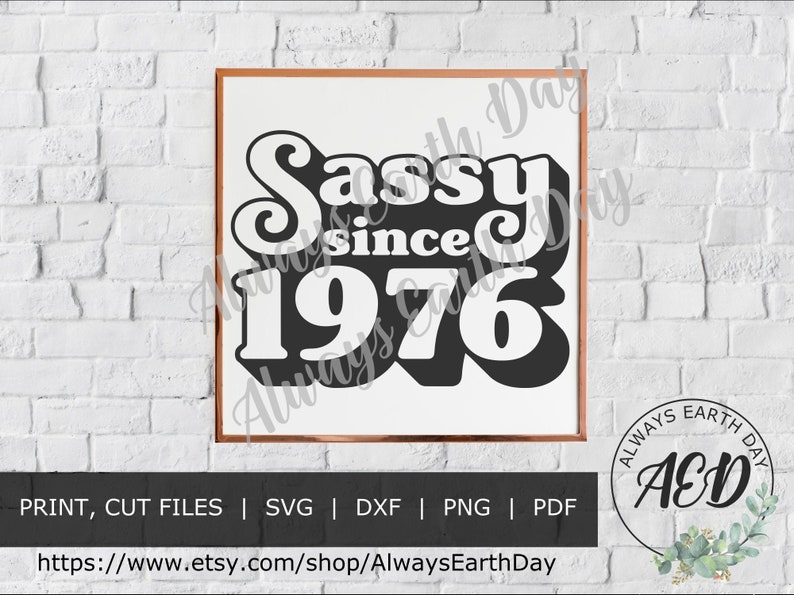 K&ouml;nnte beinhalten: Ein schwarz-wei&szlig;es Grafikdesign mit dem Text "Sassy since 1976" in einem Retro-Schriftart-Stil. Das Design ist in einem goldenen Rahmen gerahmt und an einer wei&szlig;en Backsteinwand angebracht.