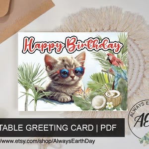 Printable Birthday Card for Kids, Cat Birthday Card, Happy Birthday Card pdf, Printable Greeting Card, Card Making, Tropical Cat