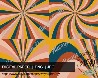 Retro Digital Paper Set of 8 Backgrounds, Sunburst Digital Paper, Retro Background, Retro Digital Paper Sunburst Background, Hippie, 70s