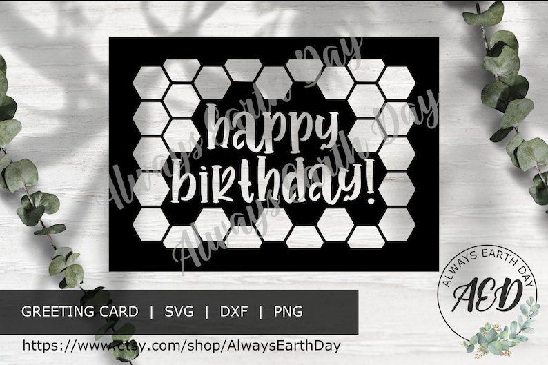 May include: Black and white digital download of a greeting card with a honeycomb pattern and the text "happy birthday!"