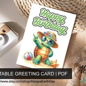 Afdrukbare verjaardagskaart voor kinderen, verjaardagskaart schildpad, gelukkige verjaardagskaart pdf, afdrukbare wenskaart, kaarten maken, tropische schildpad