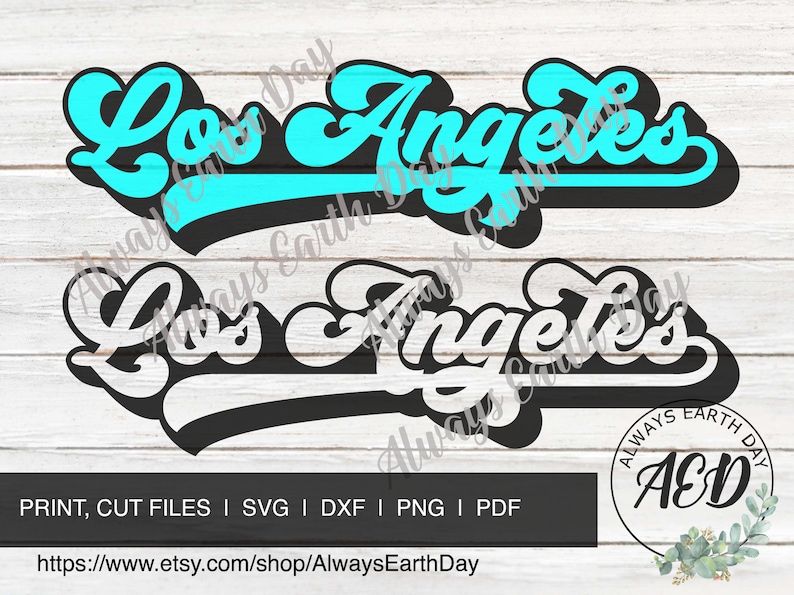 May include: Two digital cut files for a Los Angeles design. The top design is in turquoise blue and black. The bottom design is in white and black. Both designs have a retro, vintage style font. The designs are for print and cut files, and include SVG, DXF, PNG, and PDF formats.