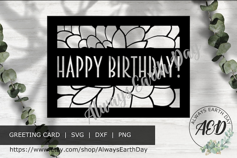 K&ouml;nnte beinhalten: Schwarz-wei&szlig; digitaler Download einer Gru&szlig;karte mit floralem Design und dem Text "HAPPY BIRTHDAY!"