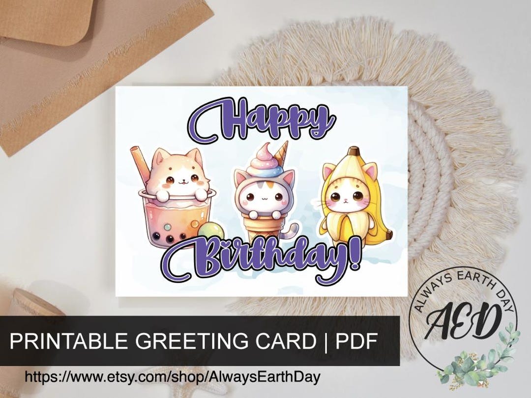 Printable Birthday Card for Kids, Cat Birthday Card, Happy Birthday ...