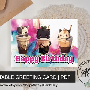 Printable Birthday Card for Kids, Boba Cat Birthday Card, Happy Birthday Card pdf, Printable Greeting Card, Card Making
