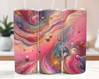 Regenbogen Tumbler Wrap Marmor Neonfarben und Gold Glitter, Pastellrosa 20 Unzen Tumbler Sublimation Design PNG, Alkohol Ink Tumbler PNG Datei