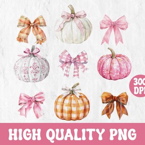 Puede incluir: Un conjunto de diez ilustraciones digitales que presentan calabazas y lazos en varios colores y patrones. Las calabazas son blancas, rosadas y naranjas con diferentes texturas. Los lazos son rosados, naranjas y blancos con lunares y patrones de cuadros. Las ilustraciones son perfectas para manualidades de otoño, scrapbooking y proyectos de diseño digital.