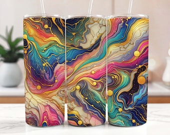 Regenbogen Tumbler Wrap Marmor Neonfarben und Gold Glitter 20 Unzen Tumbler Sublimation Design PNG, Alkohol Ink Tumbler PNG Datei