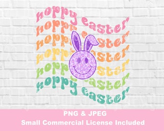 May include: A purple bunny with a happy face and a rainbow of "Hoppy Easter" text around it. The text has a distressed look.