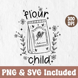 Può includere: Illustrazione in bianco e nero a linee di un sacchetto di farina con il testo "flour child" e piccoli fiori e stelle intorno. Il testo "300 DPI" è nell'angolo in alto a destra.