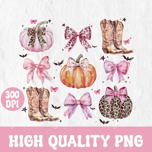 Puede incluir: Ilustraciones en acuarela de calabazas, lazos y botas de vaquero con temática otoñal. Las calabazas tienen estampado de leopardo y detalles de lazo. La imagen incluye el texto "300 DPI" y "HIGH QUALITY PNG".
