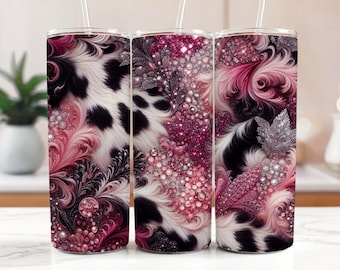 Kuh-Druck rosa Glitter Becherverpackung PNG-Design Western Schwarz-Weiß-Rindleder Druck Schein 20 Unzen dünnen Becher Gerade digitale Verpackung
