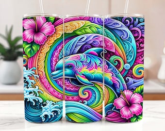 Delphin Tumbler Wrap, Tropical Sublimation Designvorlagen, Hibiscus Floral Ocean Beach Tumbler Wrap, gerader PNG Digitaler Download