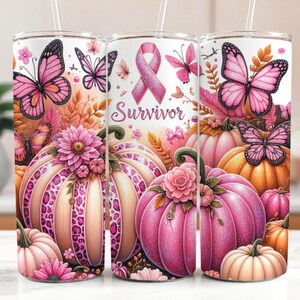 Pink Pumpkin Ribbon Awareness Breast Cancer Survivor Tumbler Wrap 20 oz Skinny Tumbler Sublimation Design Digital Download PNG Instant