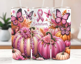 Rosa Kürbis Band Bewusstsein Brustkrebs Überlebende Tumbler Wrap 20 Unzen Skinny Tumbler Sublimation Design Digital Download PNG Instant