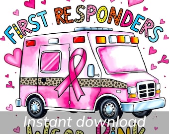 Pinkfarbener Krankenwagen für Ersthelfer zur Sensibilisierung für Brustkrebs (PNG), Rettungssanitäter, Sofort-Download, Rettungswagen mit Brustkrebs-Motiv, Datei zum Thema Brustkrebs