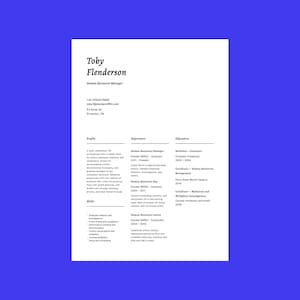 May include: A white resume with black text on a blue background. The document is for Toby Flenderson, a Human Resources Manager. It details his profile, experience, education, and skills, including contact details.