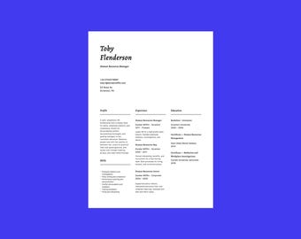 May include: A white resume with black text on a blue background. The document is for Toby Flenderson, a Human Resources Manager. It details his profile, experience, education, and skills, including contact details.