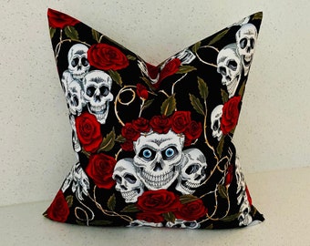 Day of the Dead Skulls with Roses Cushion Cover - Halloween / Mexican Day of the Dead - 12 / 14 inches