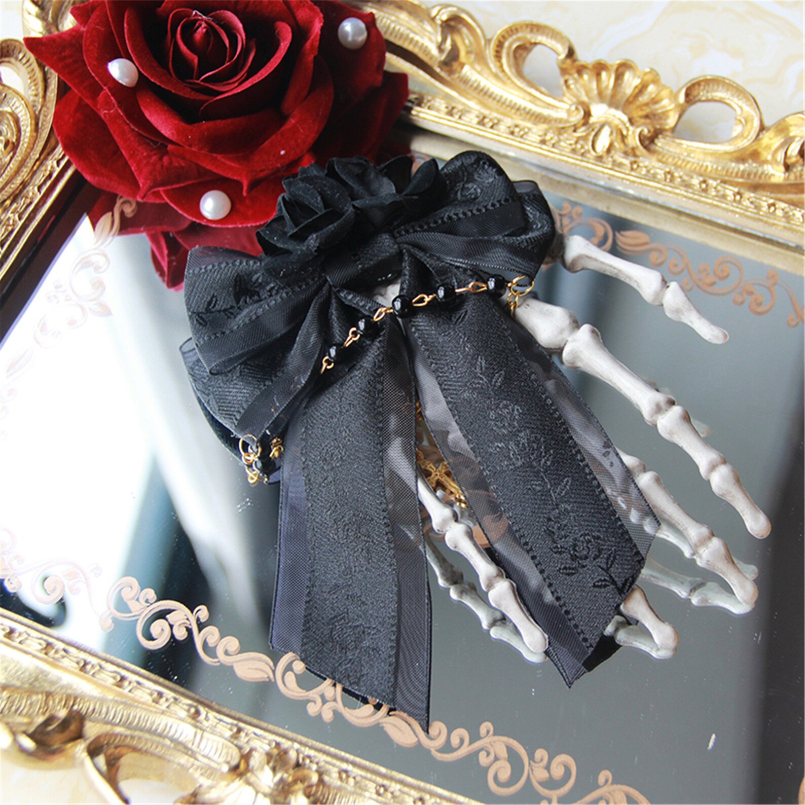 Gothic headpiece Goth hair clips Red rose headband Skeleton Etsy