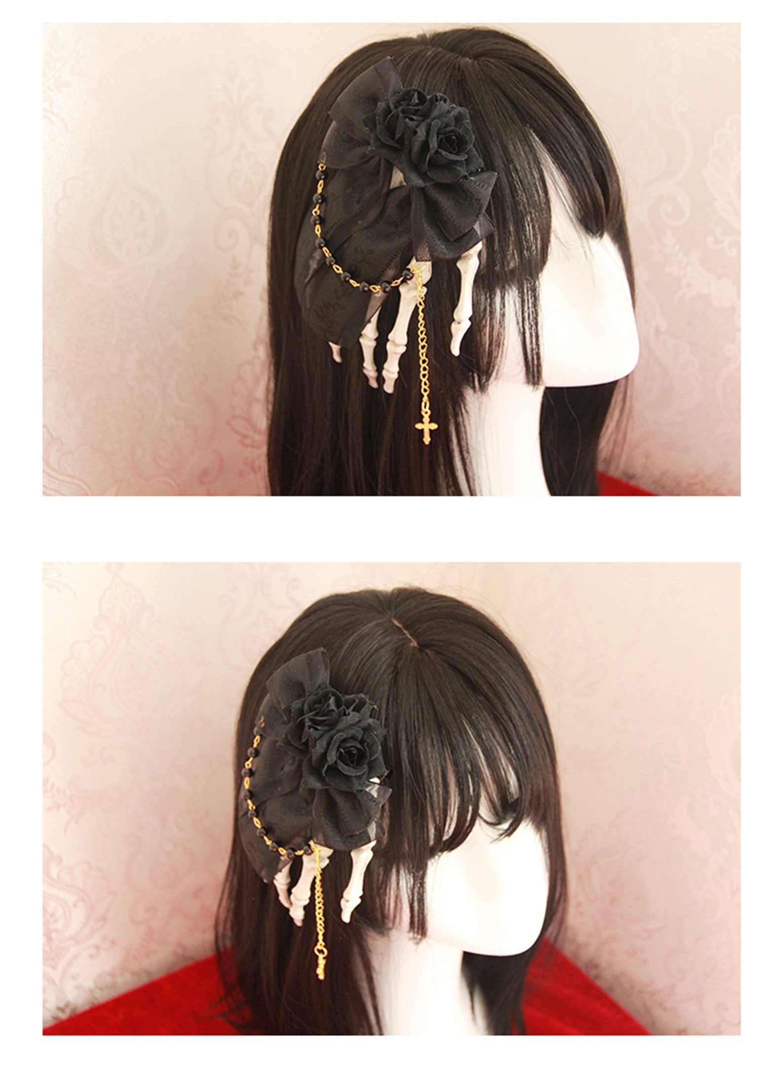 Gothic headpiece Goth hair clips Red rose headband Skeleton Etsy