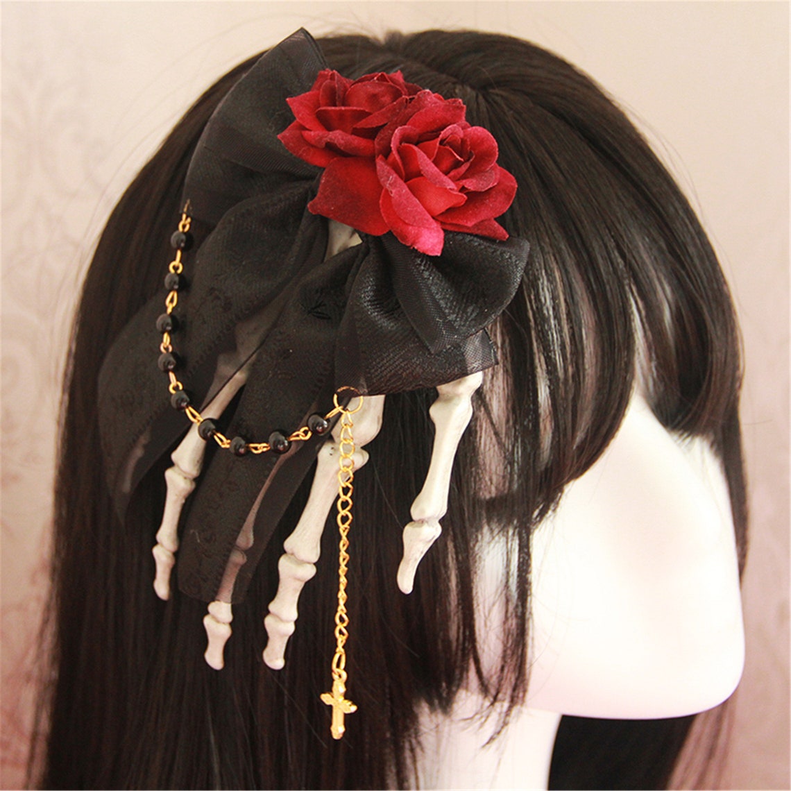 Gothic headpiece Goth hair clips Red rose headband Skeleton Etsy
