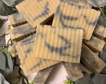 Zesty Bar Soap, Peppermint, Lemongrass Essential oils, Coconut oil, Olive oil, Sunflower oil, Shea Butter, Nettle, Charcoal, Handmade