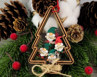 Unique Custom-made Wood and Acrylic Gnome Family Shaker Christmas Ornament - Handmade Holiday Gift