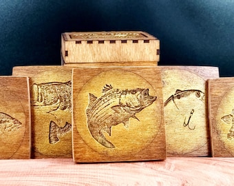 Rustic Engraved Wood Fishing Coaster Set with Wood Case - Perfect Gift for Fishing Enthusiasts