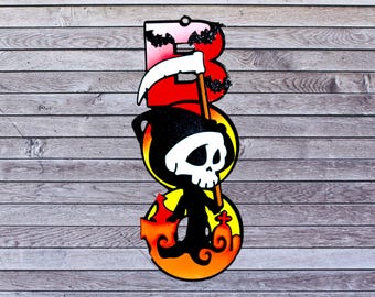 Wooden Hanging Boo Sign with Cute Death Reaper for Halloween Decorations