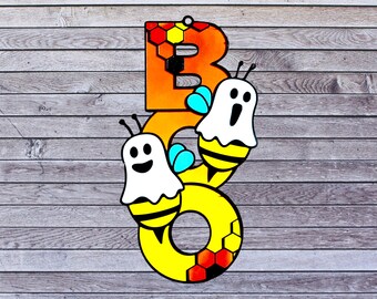 Handmade Wood Halloween Boo Sign, Ghost Boo Bee Design, 18 x 9 inches
