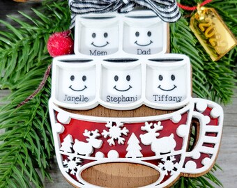 Handcrafted Acrylic and Wood Personalized Hot Chocolate Family Gift Ornament - Custom Christmas Tree Decoration