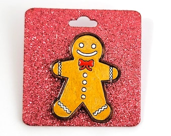 Engraved Decorative Gingerbread Cookies Badge Pin, Winter Brooch, Christmas Accessories