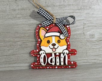 Hand Painted Personalized Wooden Corgi Christmas Tree Ornament