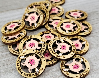 Rustic Engraved Wood Jar with When Pigs Fly Tokens - Unique Desk Decor