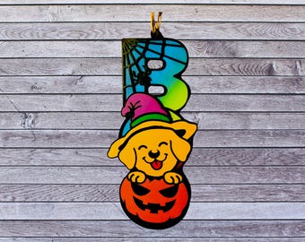Handmade Wood Halloween Puppy Trick or Treat Door Hanger