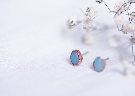 Amazonite earrings - raw copper - unique jewelry - handmade - natural stone crystals - amazonite ear studs