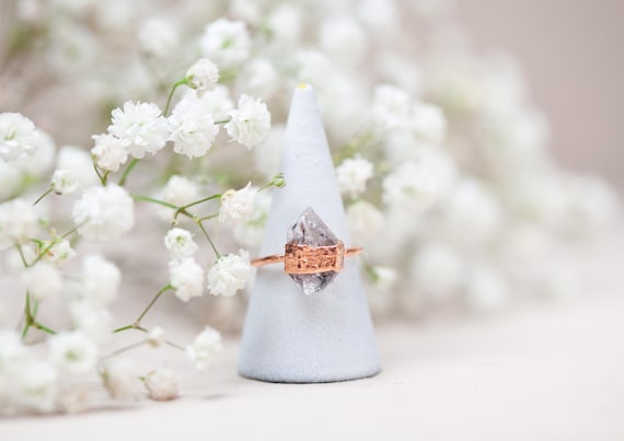 Raw Copper Herkimer Diamond Ring - Size FR54 / US6.75 - Natural Stone Jewelry - Raw Crystals - Unique Handmade Gift