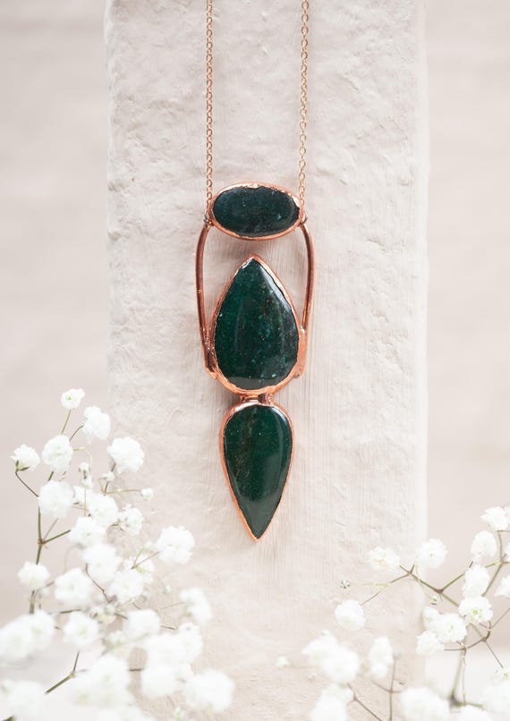 Raw Copper Green Aventurine Necklace - Natural Stone Pendant - Electroformed Copper - Handcrafted Talisman - Handmade