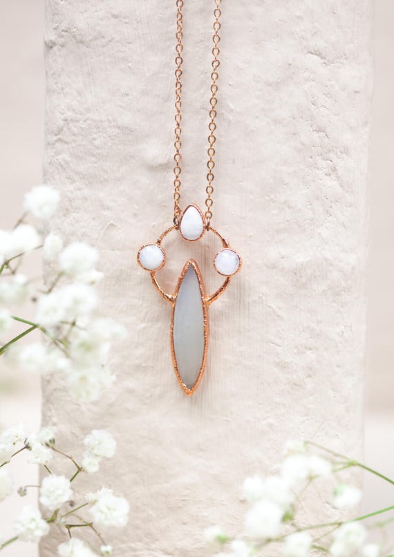 Moonstone and Peristerite Necklace in Raw Copper - Natural Stone Pendant - Electroformed Copper - Handcrafted Talisman - Handmade