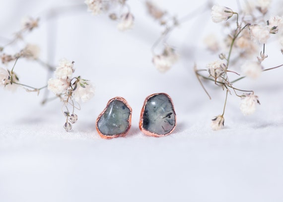 Prehnite copper earrings - prehnite ear studs - natural stone jewelry